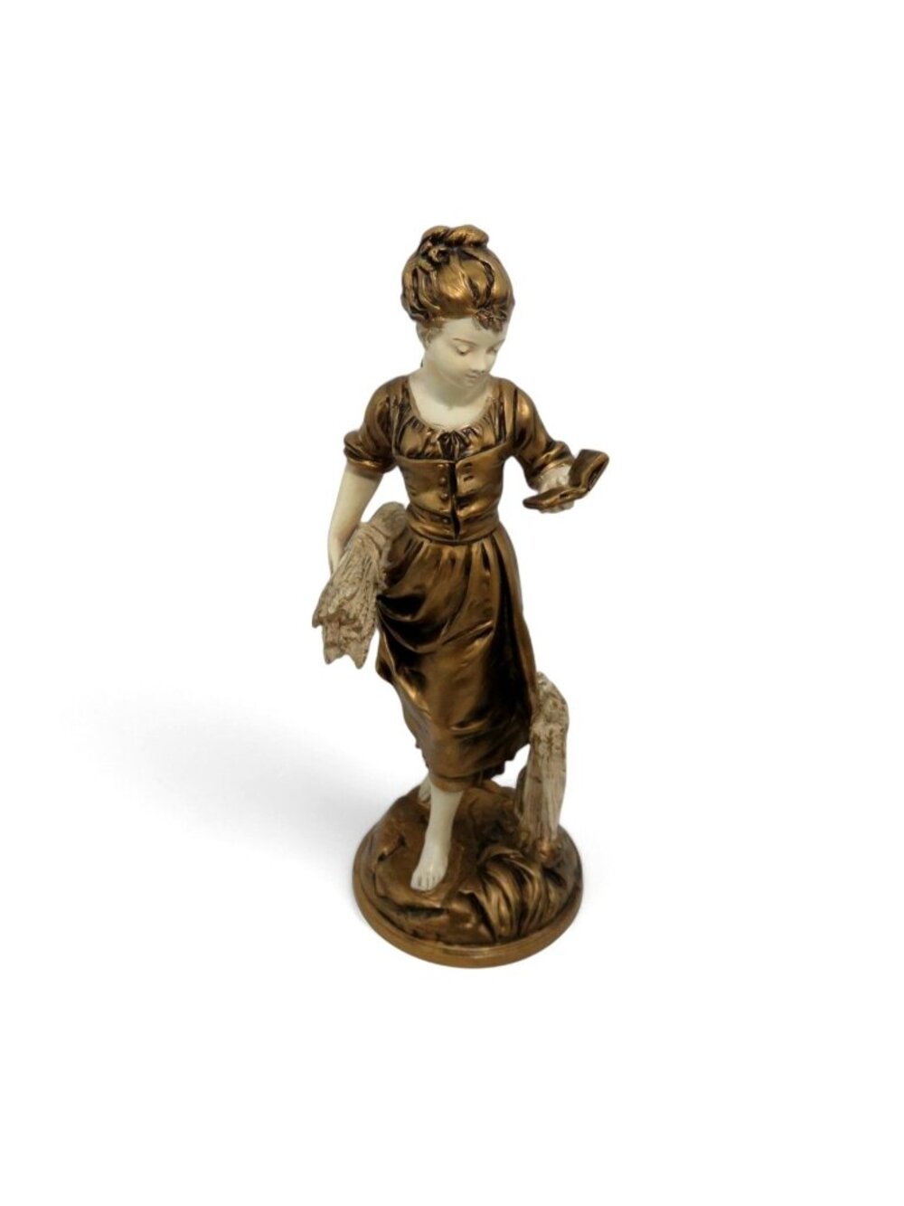 Antique Emile Bruchon Girl Carrying Wheat & Book Spelter Figurine Lamp Base 13"